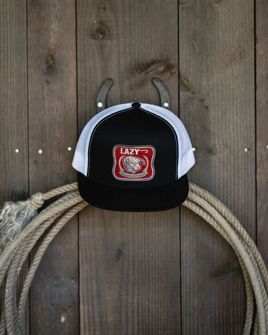 Lazy J Ranch Black & White Red America's Best Brand Classic Five Panel Trucker Hat