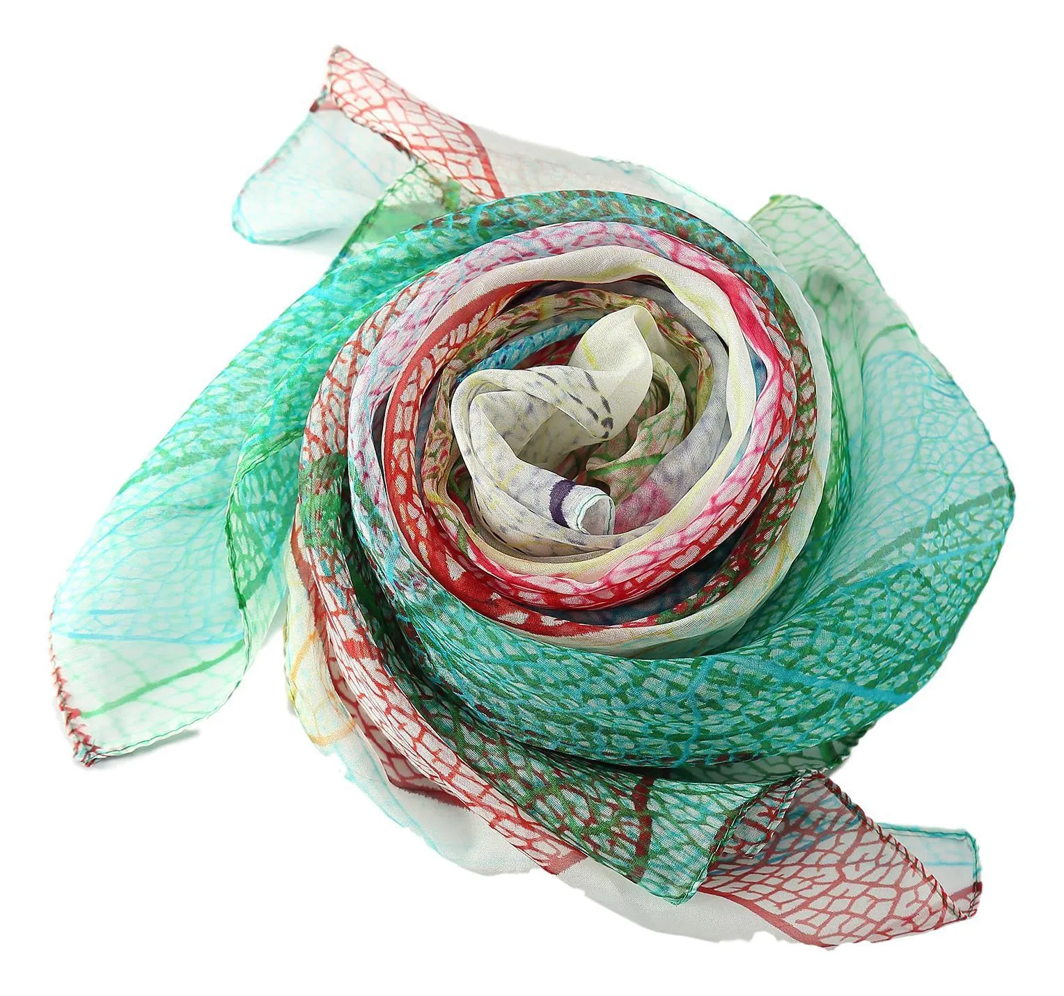 Long Silk Chiffon Scarf Green and Red Floral Print SCH305