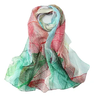 Long Silk Chiffon Scarf Green and Red Floral Print SCH305