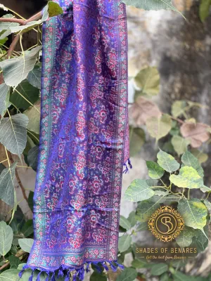 Luxurious Purple Pure Silk Handloom Printed Banarasi Silk Scarf