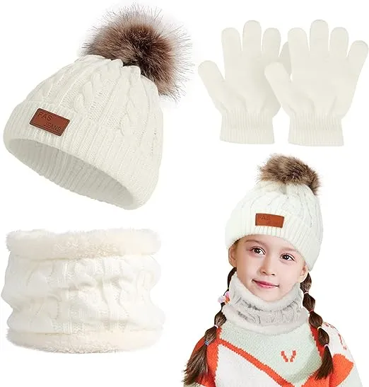 Makone Boys Hat Scarf and Gloves Set, Kids Winter Hat Scarf Gloves Set,for Girls Boys Warm Knitted Beanie Hats Snood Scarf and Gloves for Children