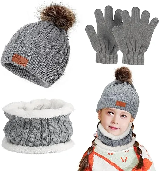 Makone Boys Hat Scarf and Gloves Set, Kids Winter Hat Scarf Gloves Set,for Girls Boys Warm Knitted Beanie Hats Snood Scarf and Gloves for Children