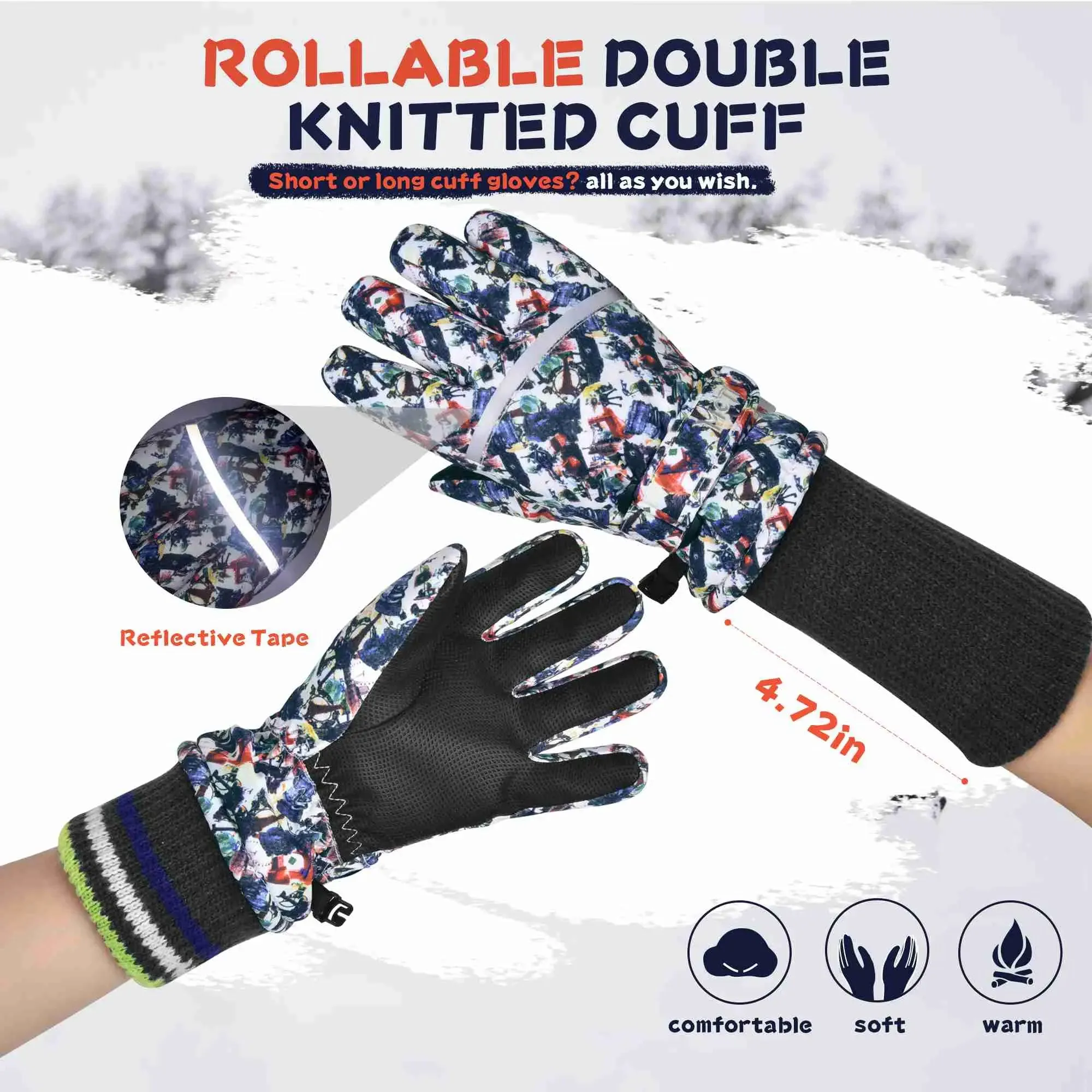 MCTi Kids Ski Gloves Waterproof Long Knitted Cuff Winter Snow Gloves