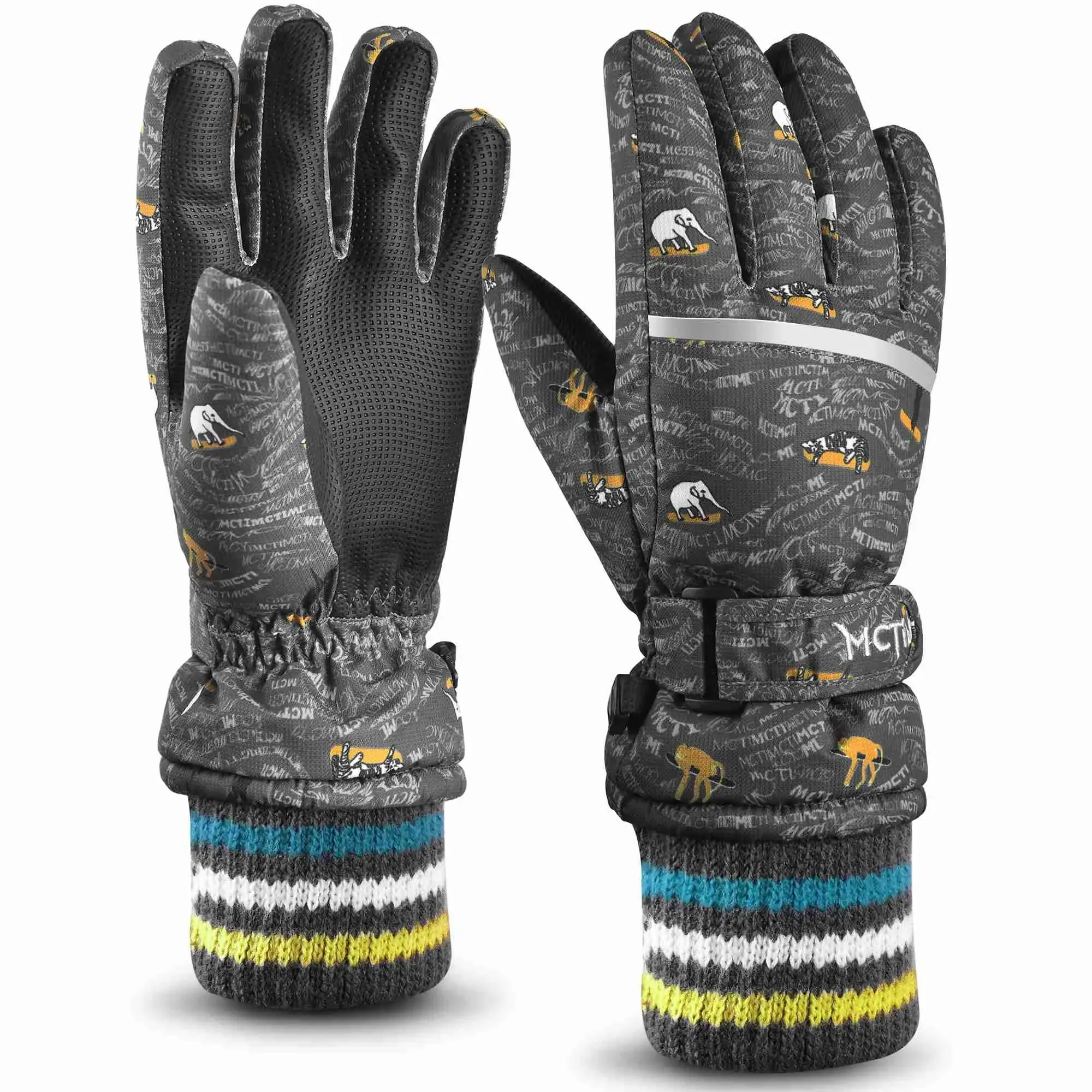 MCTi Kids Ski Gloves Waterproof Long Knitted Cuff Winter Snow Gloves