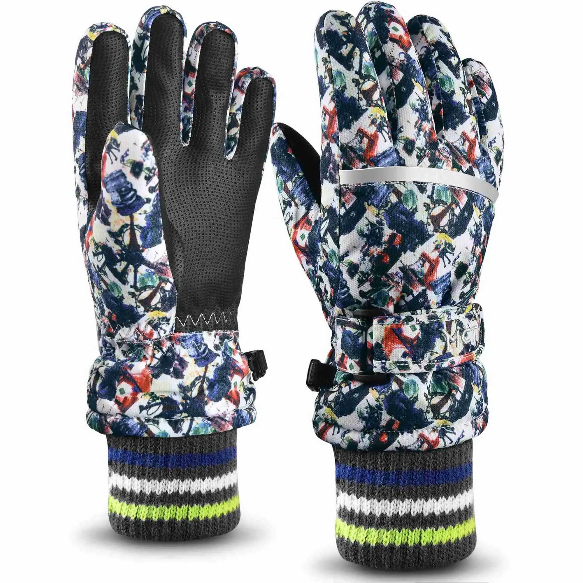 MCTi Kids Ski Gloves Waterproof Long Knitted Cuff Winter Snow Gloves