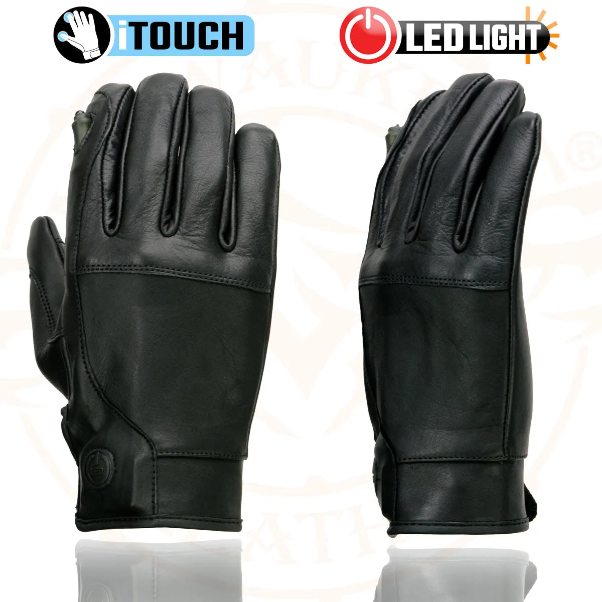 Milwaukee Leather MG7599 Men's Black Leather with i-Touch Screen Led Finger Light Motorcycle Hand Gloves