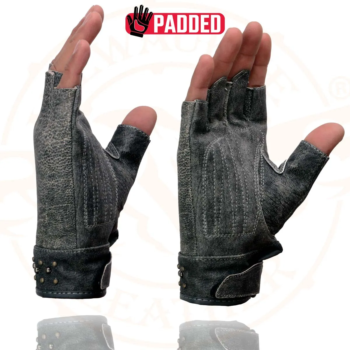 Milwaukee Leather MG7761 Women's Grey Leather Gel Palm Fingerless Motorcycle Hand Gloves W/ Stylish ‘Wrist Detailing’