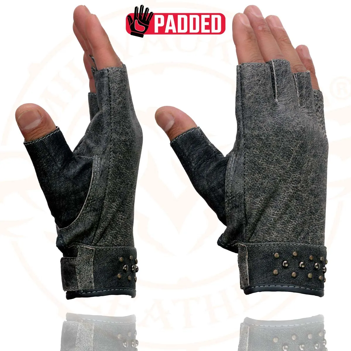 Milwaukee Leather MG7761 Women's Grey Leather Gel Palm Fingerless Motorcycle Hand Gloves W/ Stylish ‘Wrist Detailing’