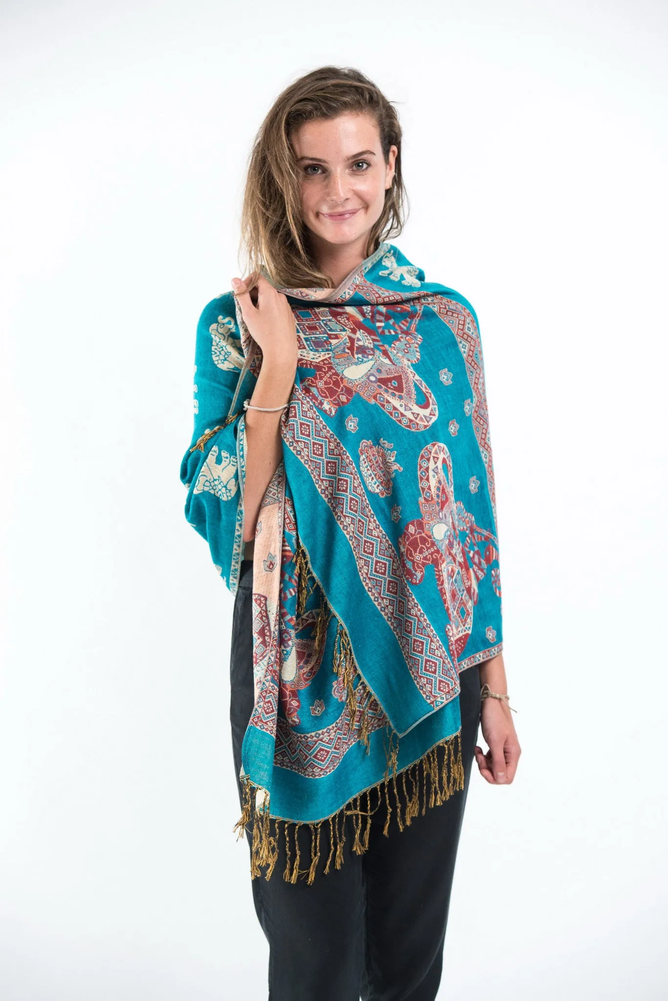 Nepal Elephant Pashmina Shawl Scarf in Blue