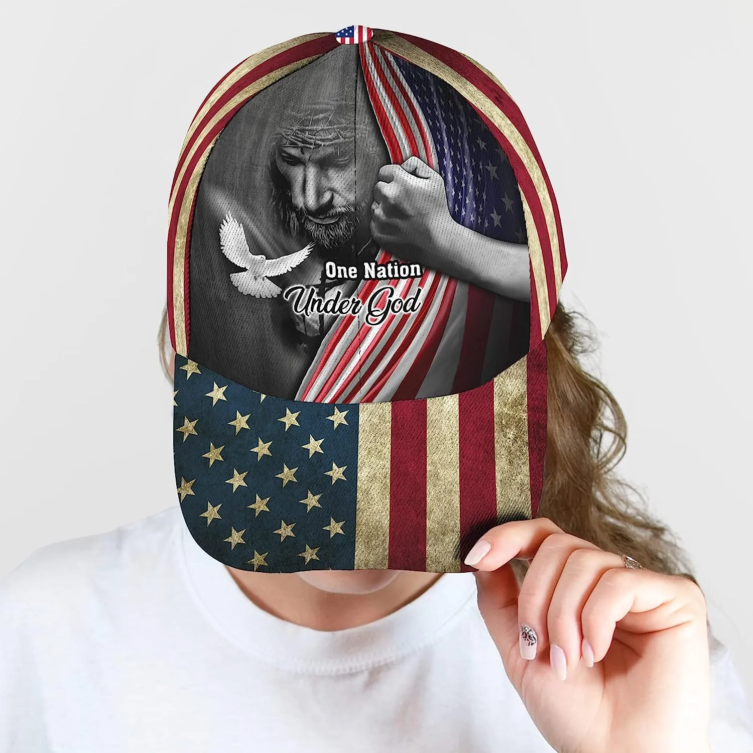 One Nation Under God American Flag And God And Dove All Over Print Baseball Cap - Christian Hats For Men Women