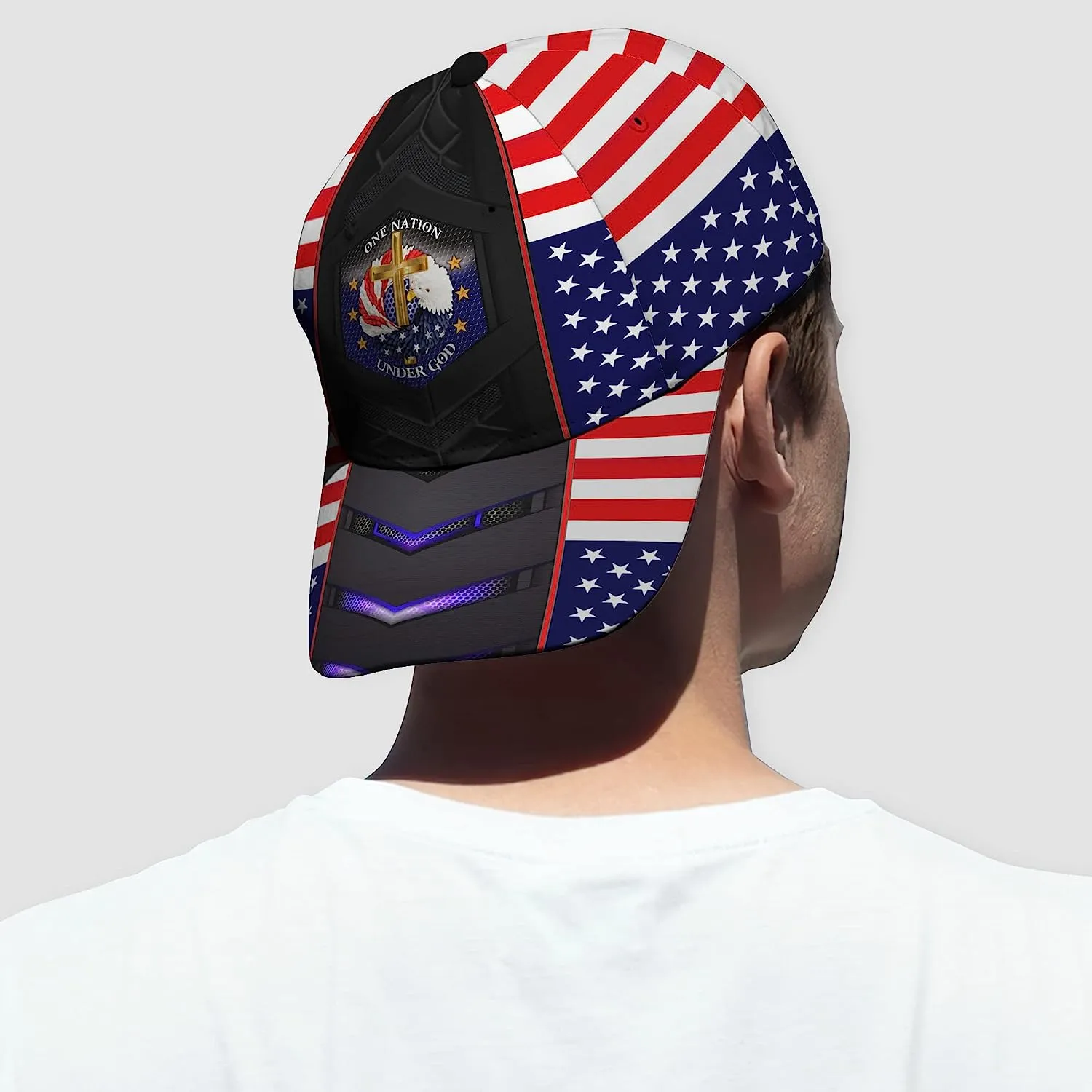 One Nation Under God Cross And American Flag Eagle Wreath All Over Print Baseball Cap - Christian Hats For Men Women