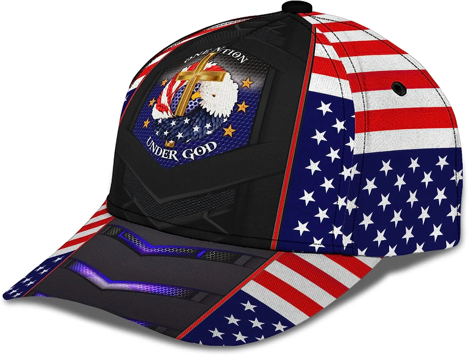 One Nation Under God Cross And American Flag Eagle Wreath All Over Print Baseball Cap - Christian Hats For Men Women