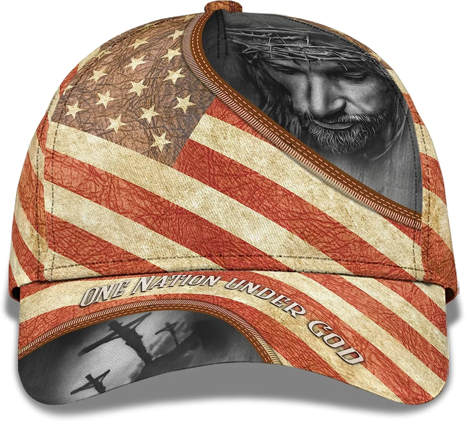 One Nation Under God Vintage Usa Flag And God And Cross All Over Print Baseball Cap - Christian Hats For Men Women