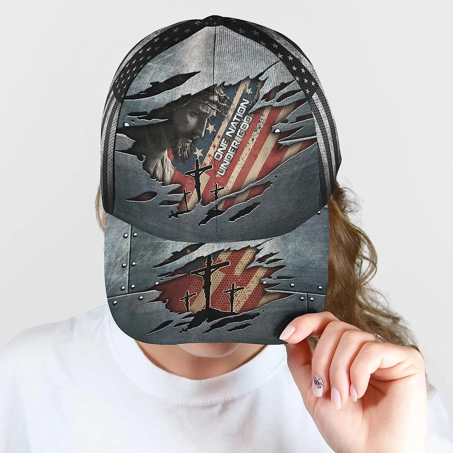 One Nation Under God With American Flag All Over Print Baseball Cap - Christian Hats For Men Women