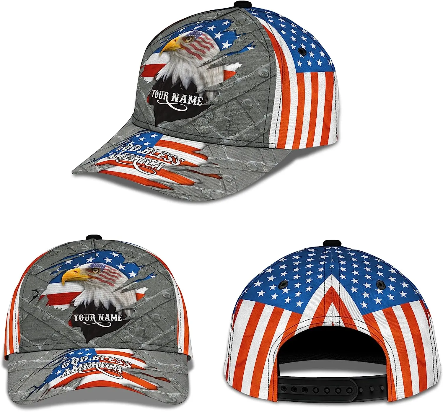 Patriotic God Blessed America Eagle American Flag Custom Name All Over Print Baseball Cap - Christian Hats For Men Women