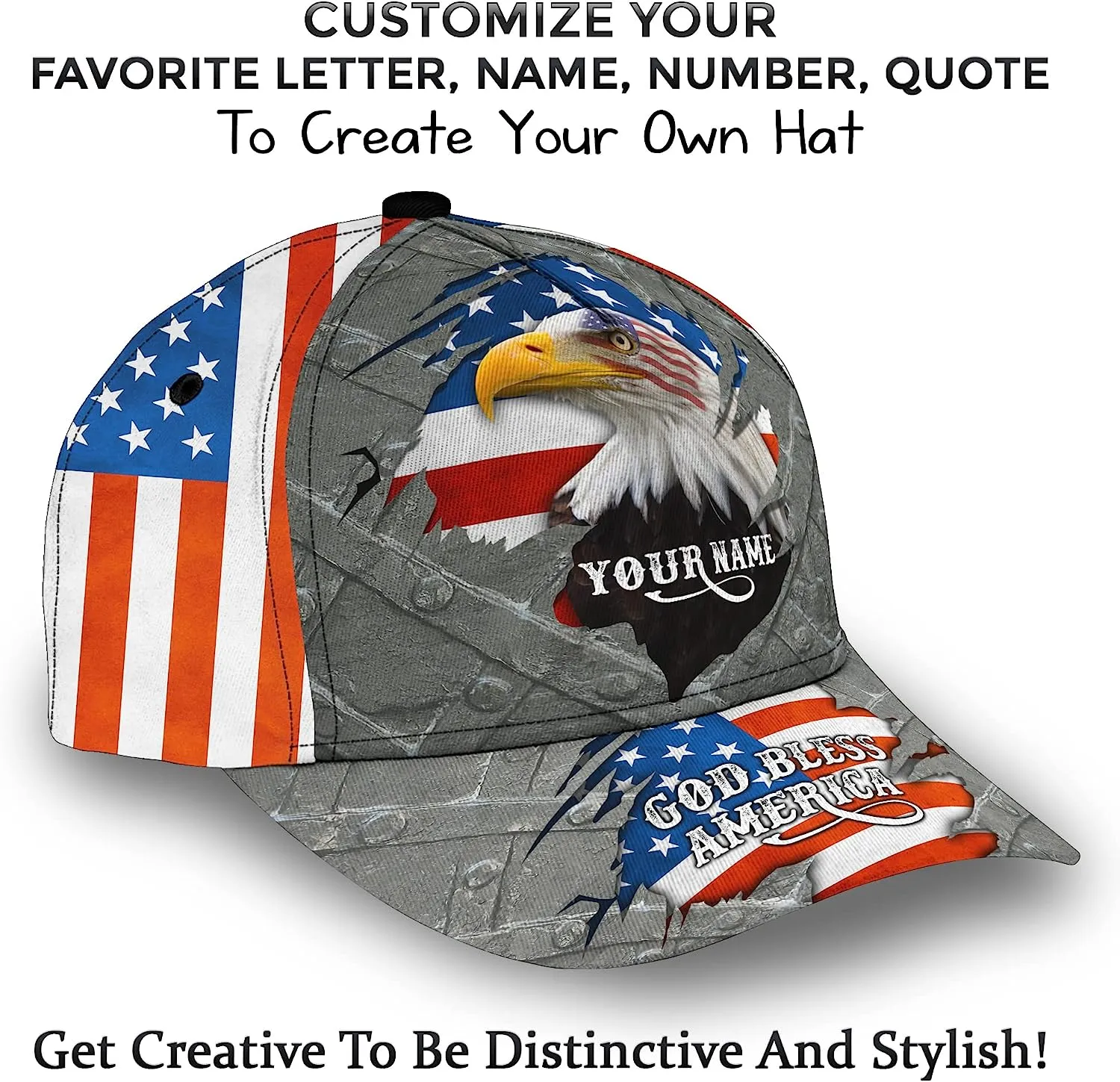 Patriotic God Blessed America Eagle American Flag Custom Name All Over Print Baseball Cap - Christian Hats For Men Women