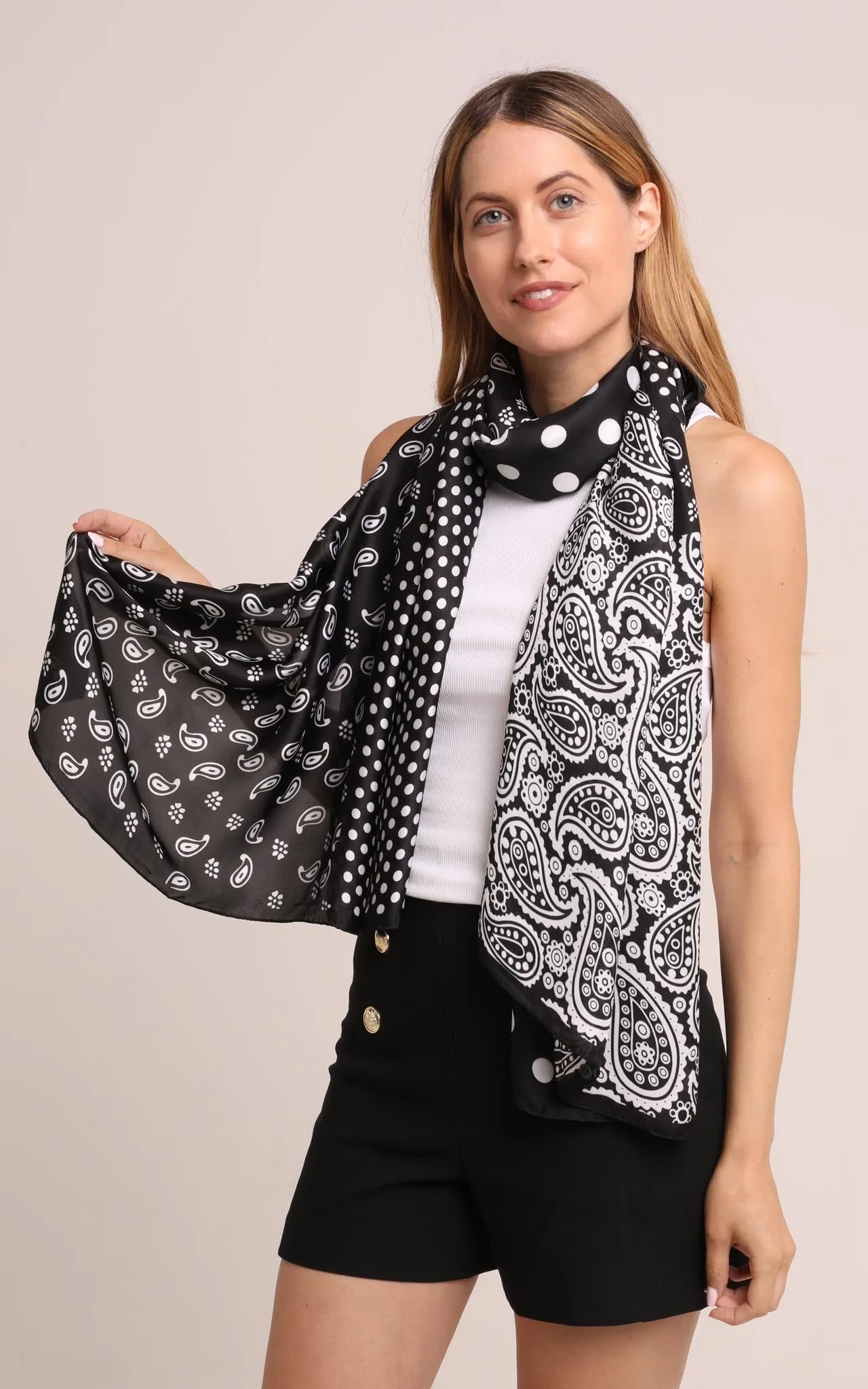 Silk Scarf in Black and White Paisley & Polka Dots