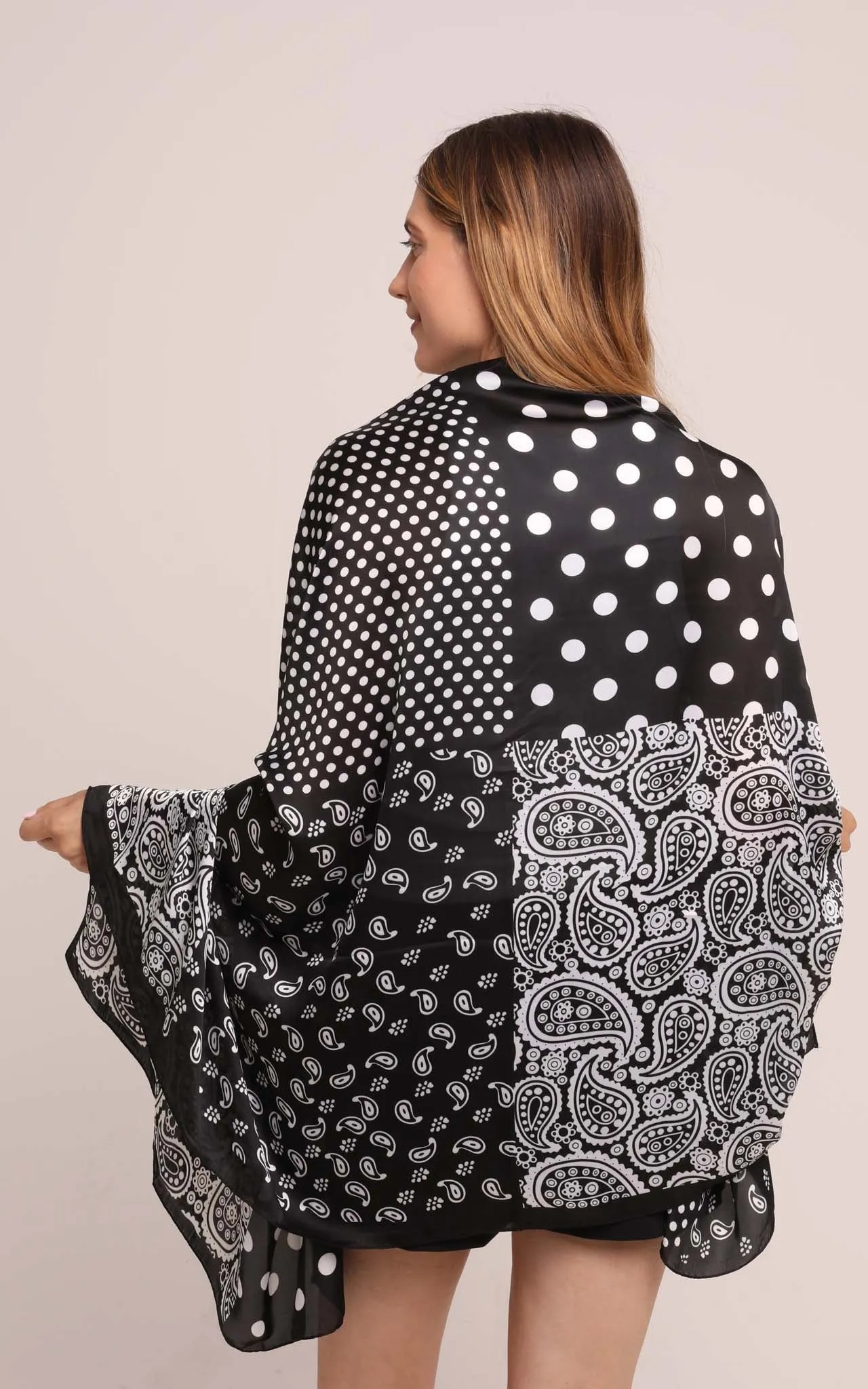 Silk Scarf in Black and White Paisley & Polka Dots