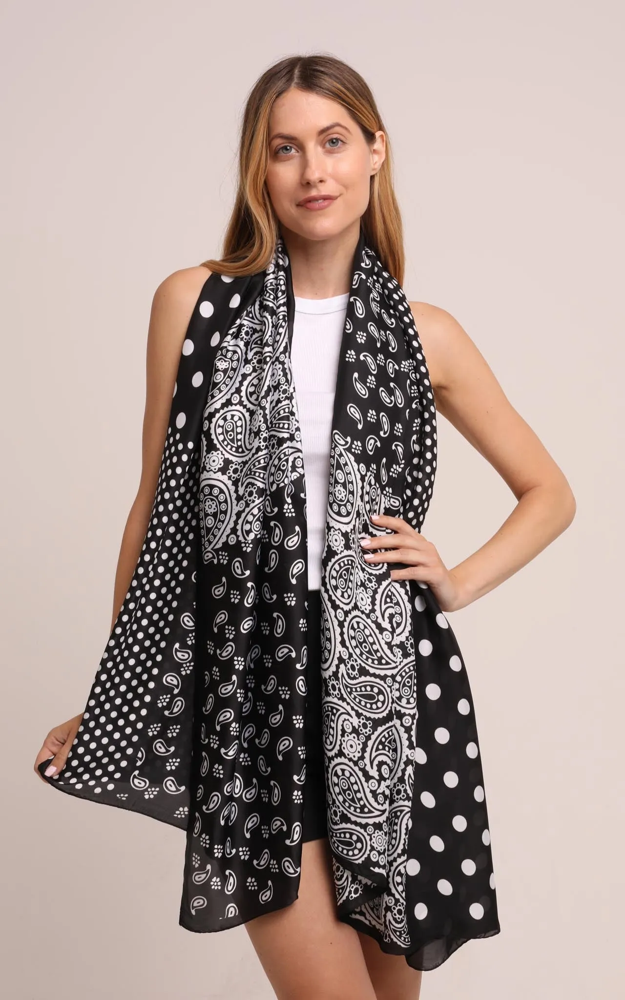 Silk Scarf in Black and White Paisley & Polka Dots