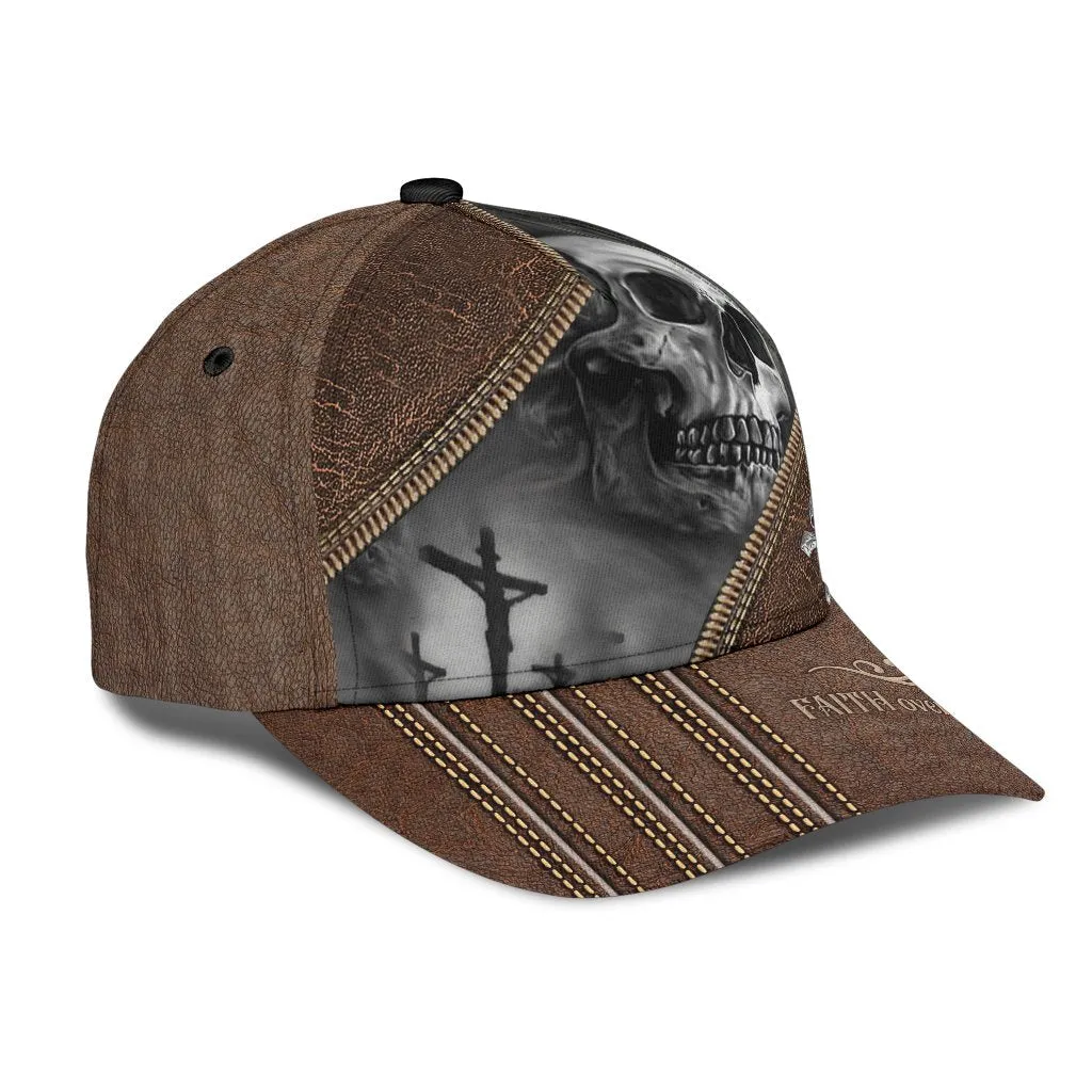 Skull Faith Over Fear Classic Cap - 3D Full Print Skull Cap Hat Leather Pattern