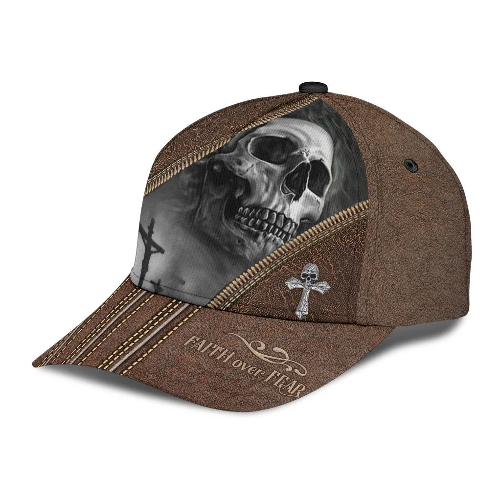 Skull Faith Over Fear Classic Cap - 3D Full Print Skull Cap Hat Leather Pattern