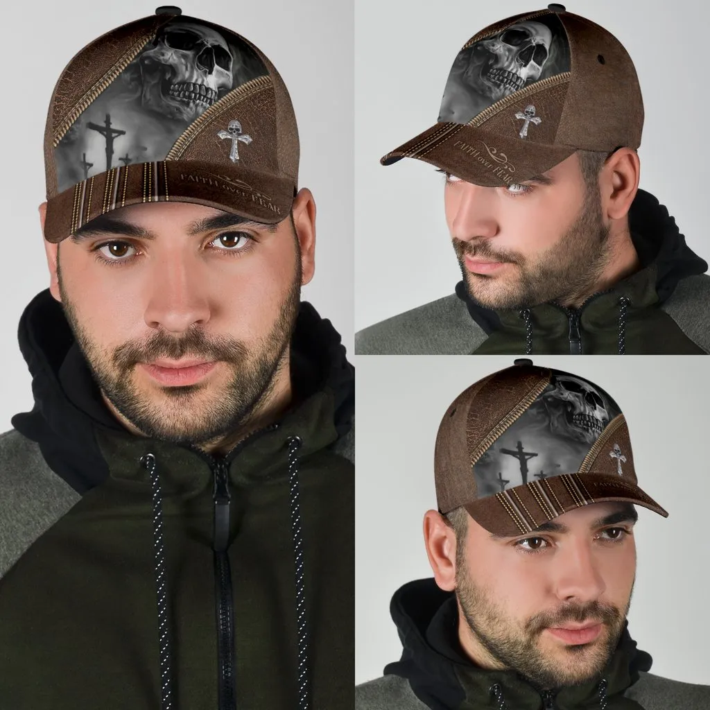 Skull Faith Over Fear Classic Cap - 3D Full Print Skull Cap Hat Leather Pattern