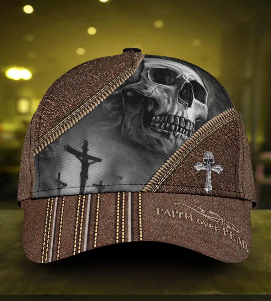 Skull Faith Over Fear Classic Cap - 3D Full Print Skull Cap Hat Leather Pattern