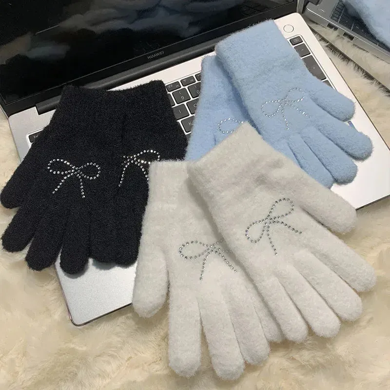 Sohiwoo Y2K Star Rhinestone Gloves Cute BunnySweet Knitted Winter Warm Thickened Kawaii Cycling Fullfinger Gloves Women JK Accessories