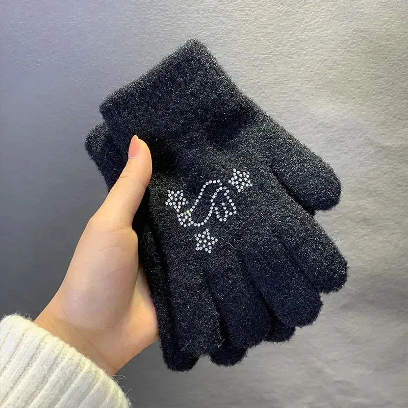 Sohiwoo Y2K Star Rhinestone Gloves Cute BunnySweet Knitted Winter Warm Thickened Kawaii Cycling Fullfinger Gloves Women JK Accessories