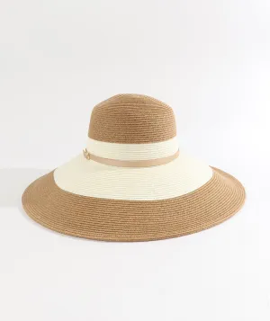 Tan Wide Down-Brim Hat with Broad Contrast Stripe