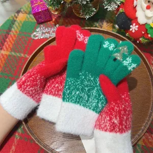 Thick Cashmere Warm Christmas Tree Knit Skiing Full Finger Two Layer Plush Christmas Glove