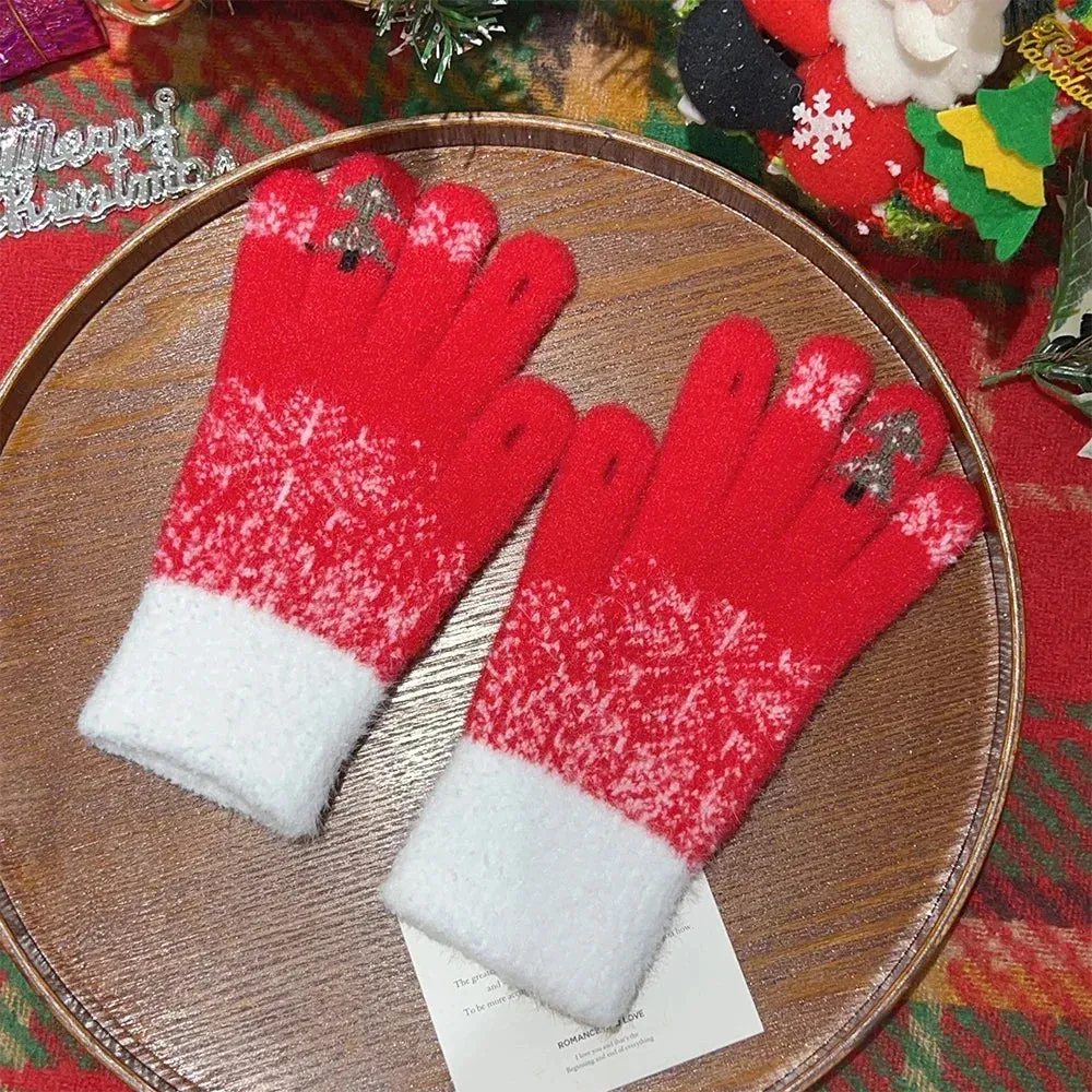 Thick Cashmere Warm Christmas Tree Knit Skiing Full Finger Two Layer Plush Christmas Glove