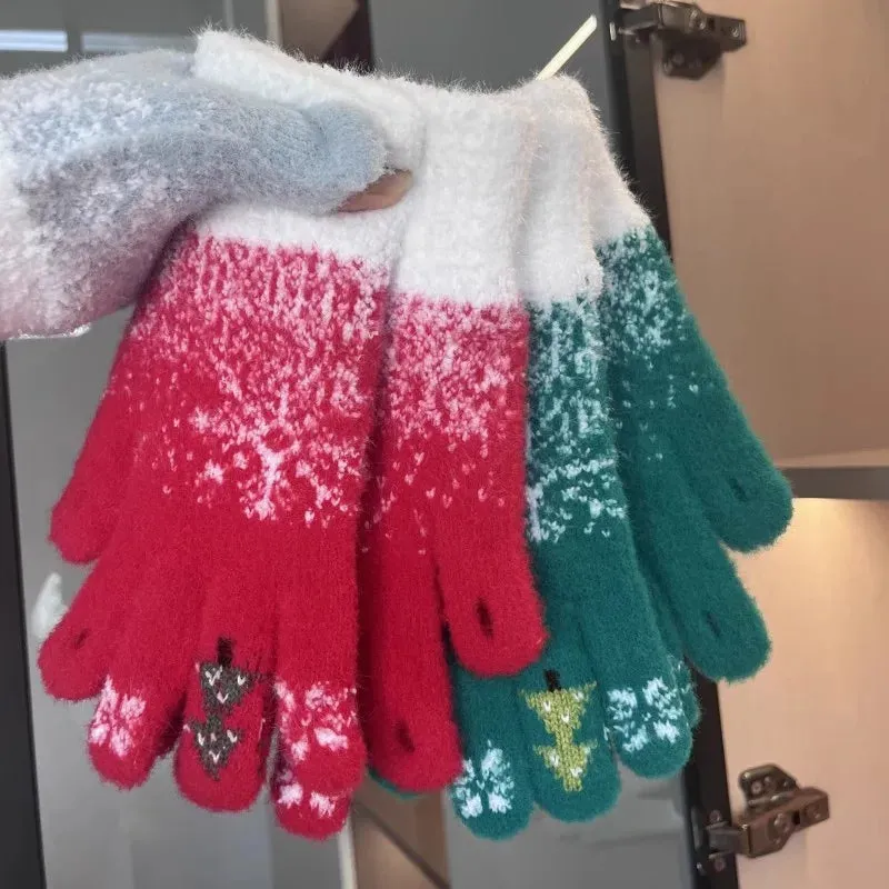 Thick Cashmere Warm Christmas Tree Knit Skiing Full Finger Two Layer Plush Christmas Glove