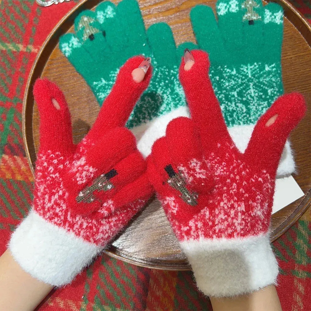 Thick Cashmere Warm Christmas Tree Knit Skiing Full Finger Two Layer Plush Christmas Glove