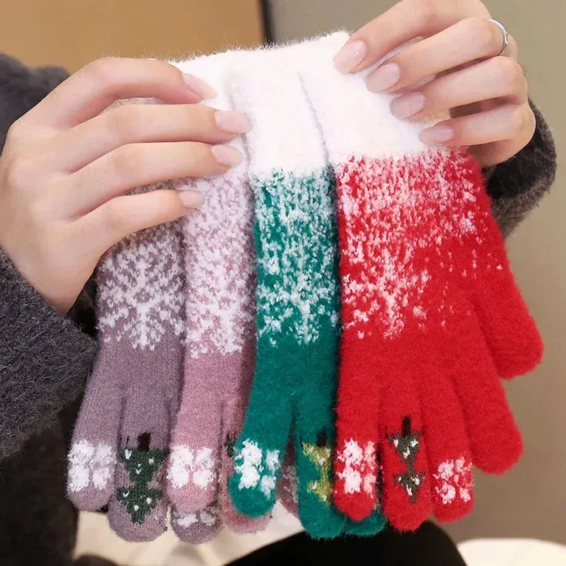 Thick Cashmere Warm Christmas Tree Knit Skiing Full Finger Two Layer Plush Christmas Glove