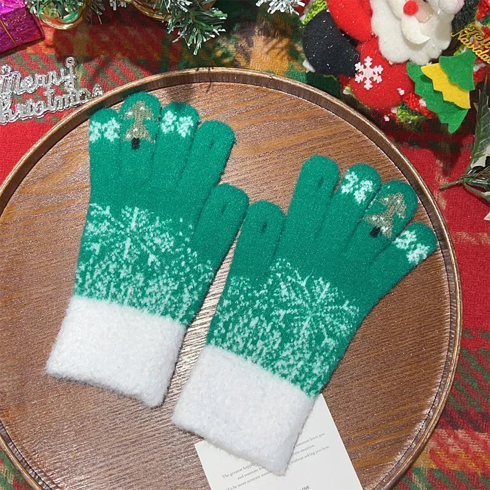 Thick Cashmere Warm Christmas Tree Knit Skiing Full Finger Two Layer Plush Christmas Glove