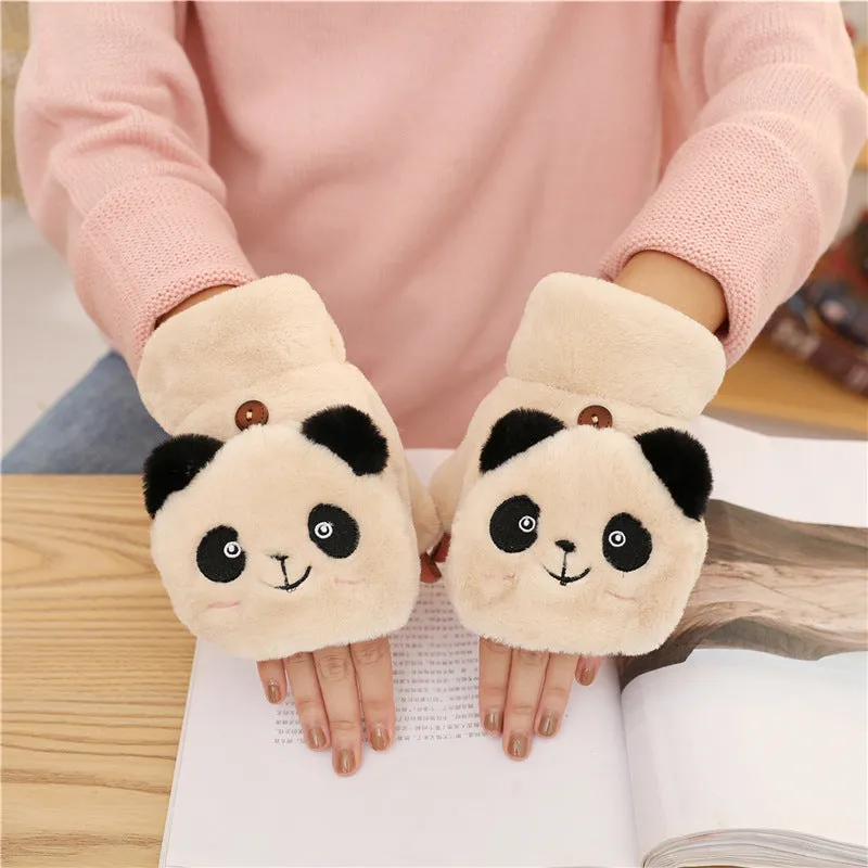 Thick Warm Half Finger Plush Pattern Cold-proof Gloves For Women