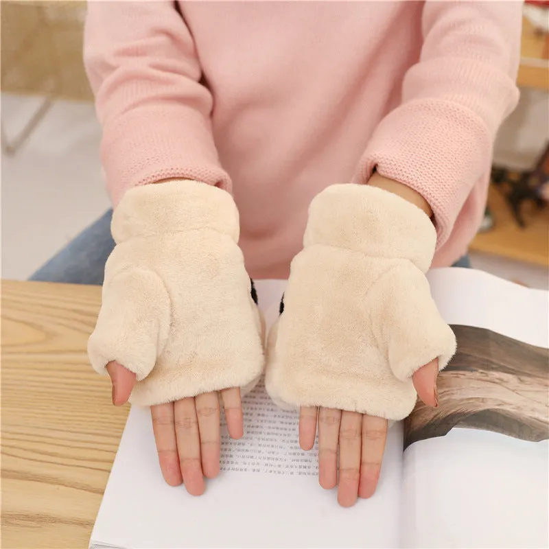 Thick Warm Half Finger Plush Pattern Cold-proof Gloves For Women