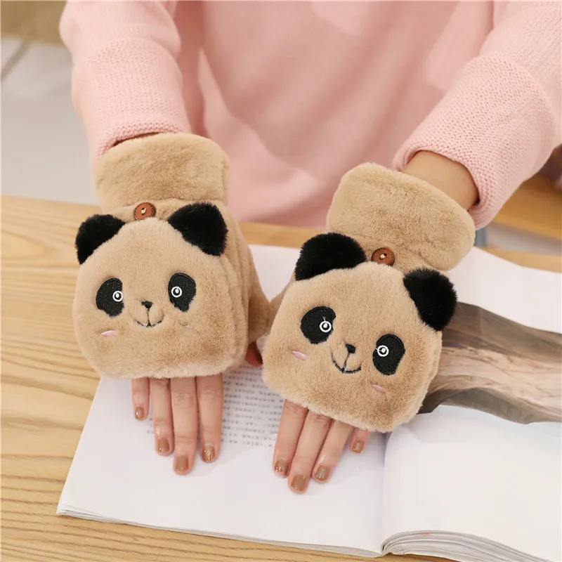 Thick Warm Half Finger Plush Pattern Cold-proof Gloves For Women