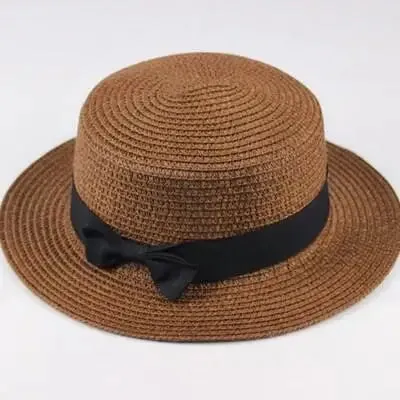 Unisex Summer Beach Bucket Cap Bowknot Straw Hat