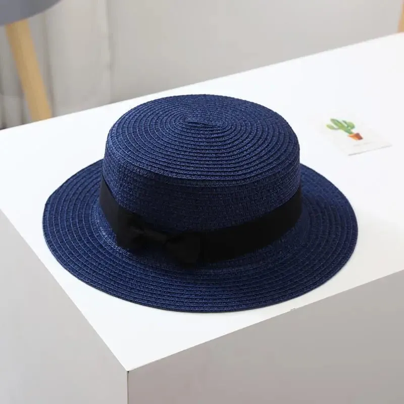 Unisex Summer Beach Bucket Cap Bowknot Straw Hat