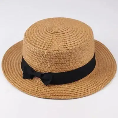 Unisex Summer Beach Bucket Cap Bowknot Straw Hat