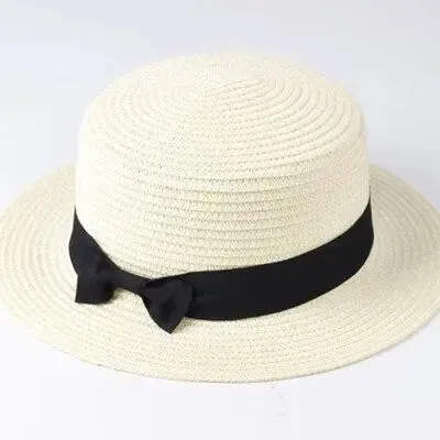 Unisex Summer Beach Bucket Cap Bowknot Straw Hat