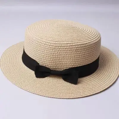 Unisex Summer Beach Bucket Cap Bowknot Straw Hat