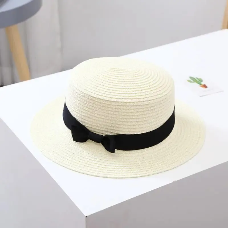 Unisex Summer Beach Bucket Cap Bowknot Straw Hat