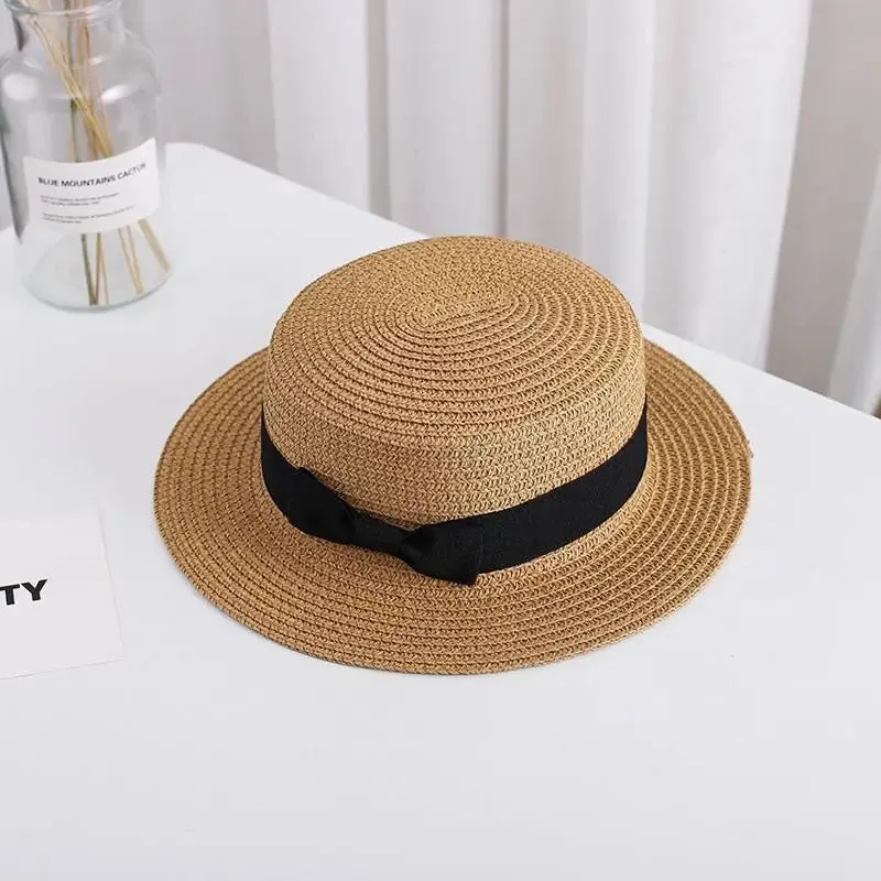 Unisex Summer Beach Bucket Cap Bowknot Straw Hat