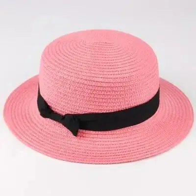 Unisex Summer Beach Bucket Cap Bowknot Straw Hat