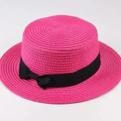 Unisex Summer Beach Bucket Cap Bowknot Straw Hat