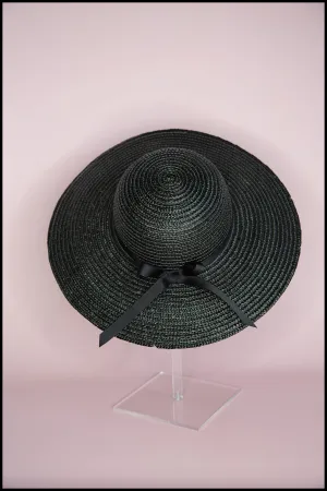 Vintage 1980s Black Straw Wide Brim Hat