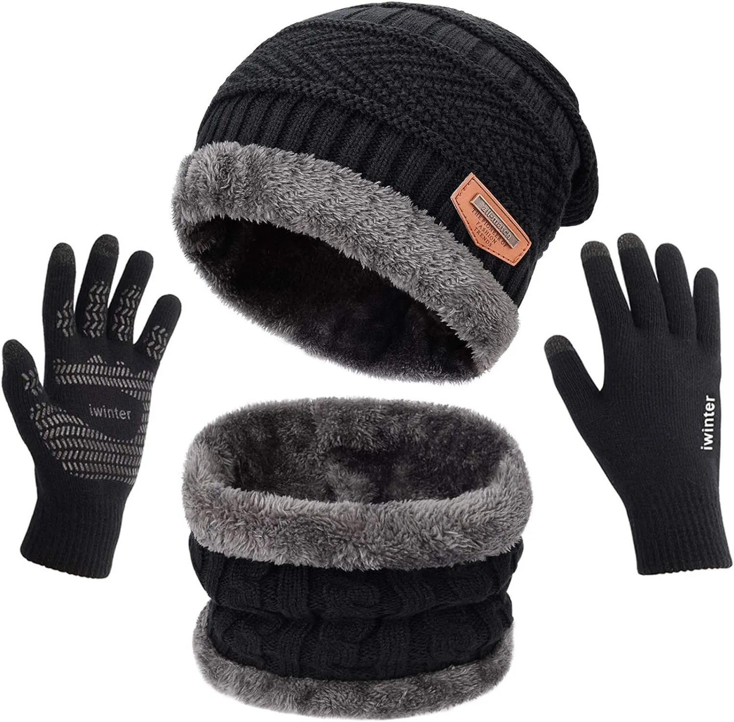 Winter Knit Beanie Hat Neck Warmer Scarf and Touch Screen Gloves for Men Women  Set of 2